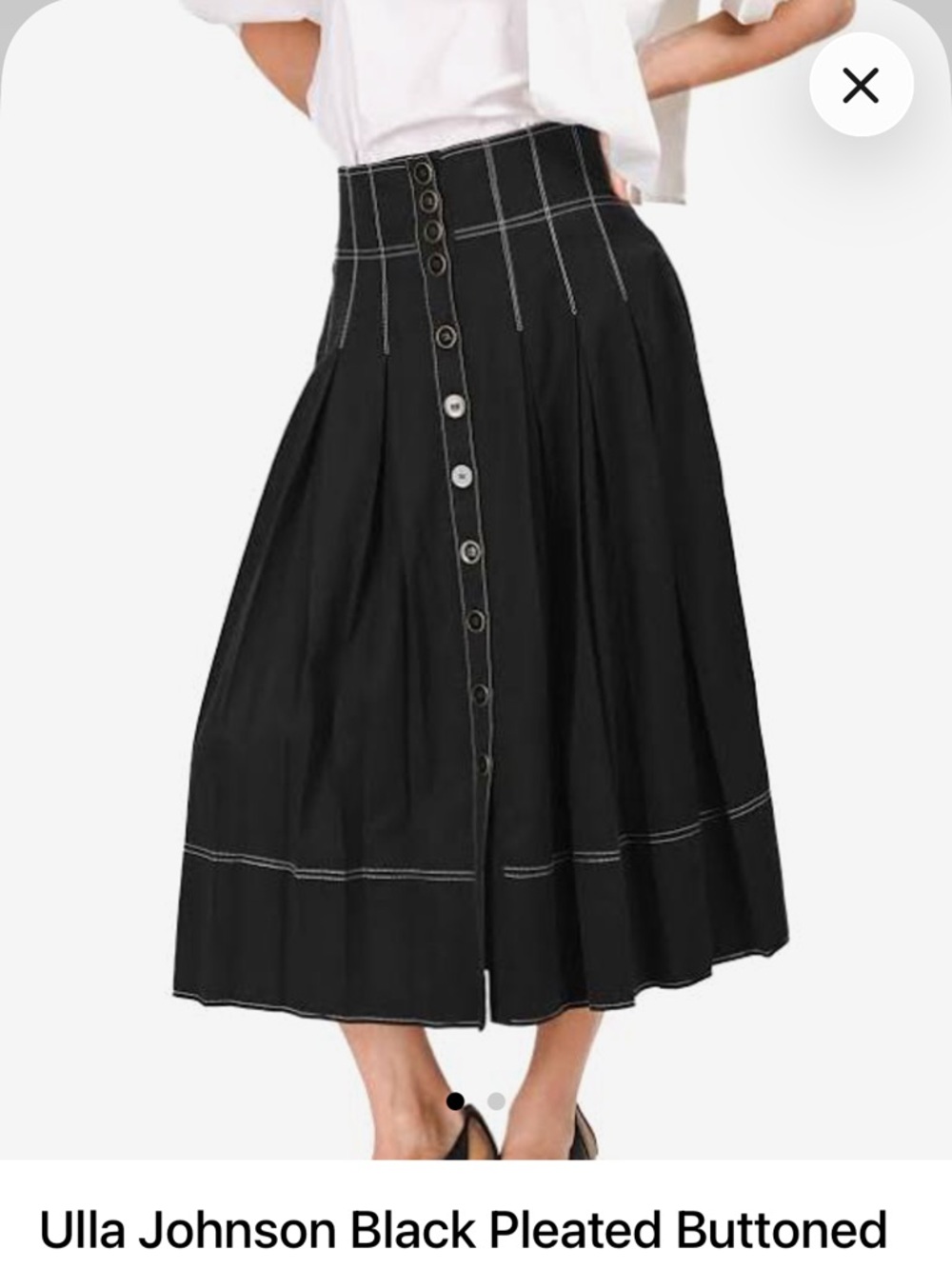 Ulla Johnson Black Button-Front Pleated Midi Skirt with Contrast Stitching